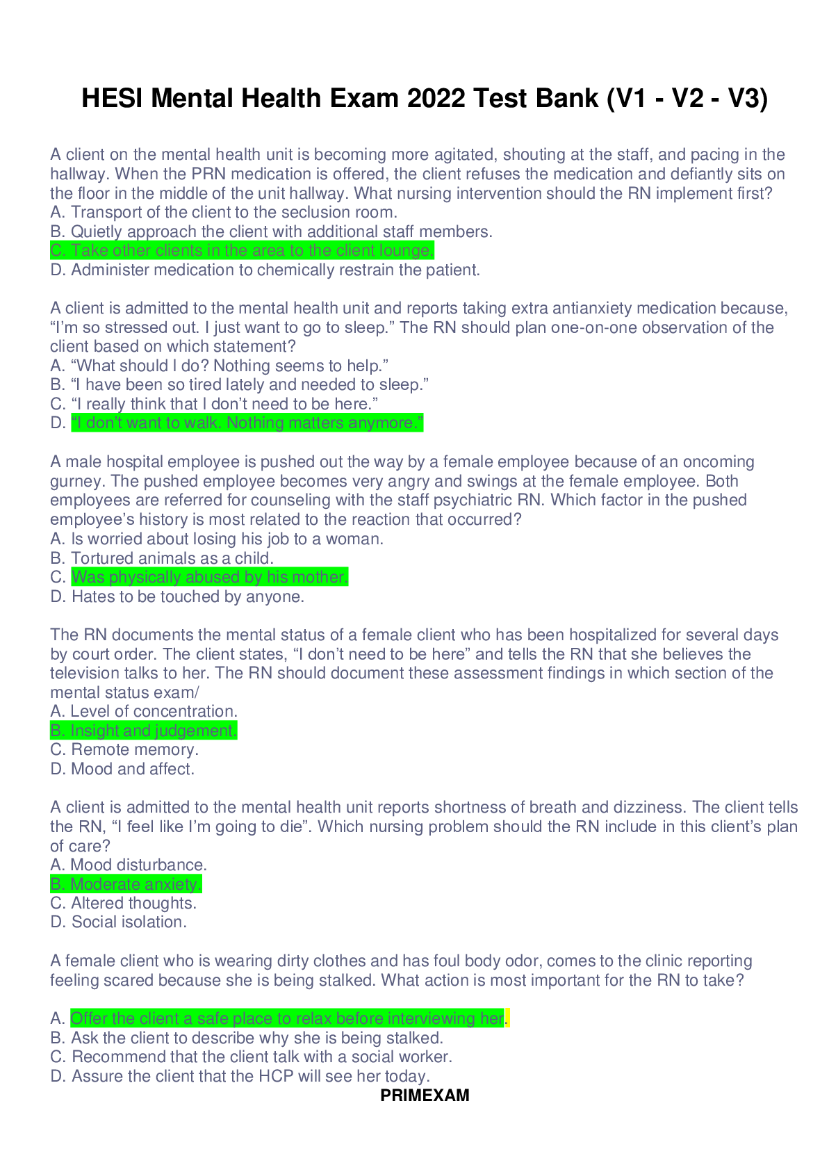 Recommended document preview for HESI Mental Health Exam (V1 - V2 - V3) Version 1-3 Questions and Answers (Verified Answers)